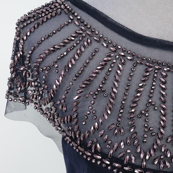 R&M Richards Dress Womens 6 Navy Blue Beaded Mesh Shoulders Bra Cups Zip Party - Picture 10 of 16
